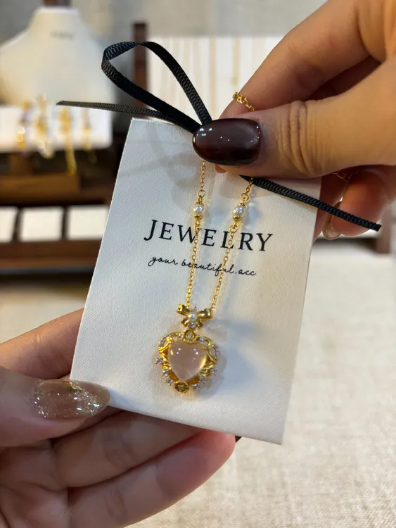 链子925银 一只momo  S925纯银爱心粉玉复古小众时尚气质纯银