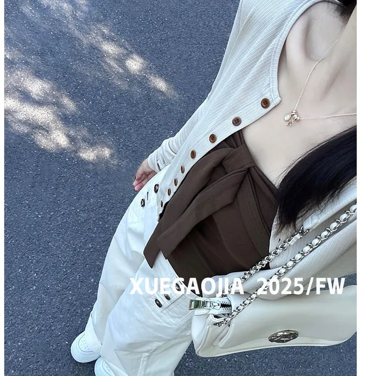 DAHUAN大荒家 美拉德设计蝴蝶结吊带上衣女秋外搭开衫两件套