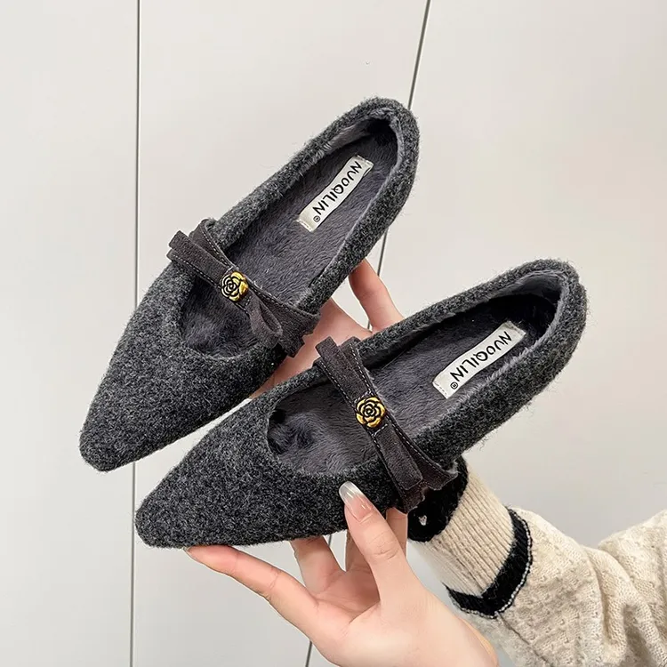 复古内增高玛丽珍蝴蝶结毛毛鞋女秋冬加绒保暖棉鞋平底晚晚风单鞋
