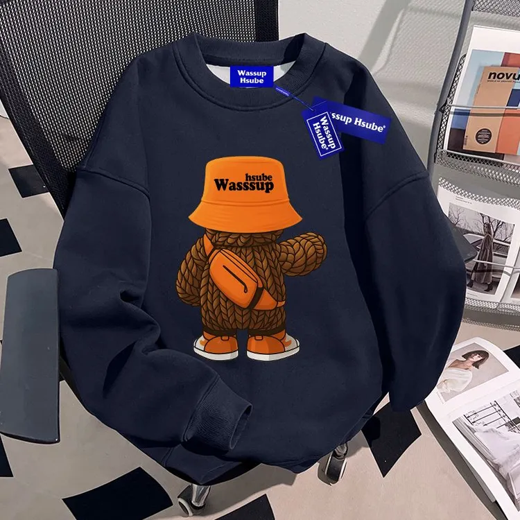 新款宽松潮牌创意卡通印花流行个性卫衣秋冬季男女藏青色百搭上衣