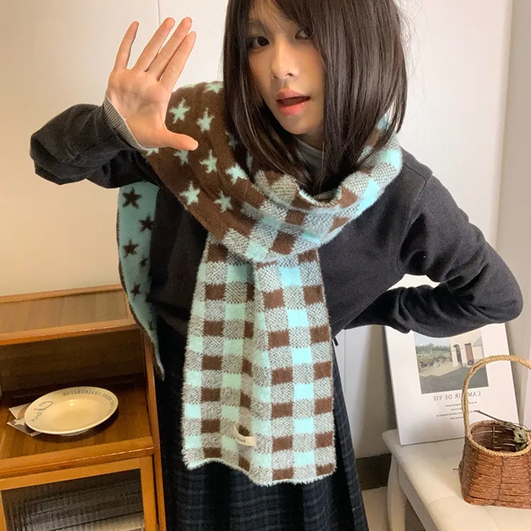 薄荷生巧~古着五角星格子双面围巾女秋冬氛围感软糯亲肤保暖围脖
