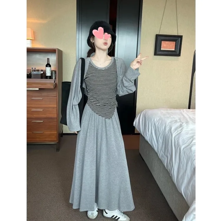 【衣之恋专属】法式高级感灰色罩衫连衣裙女早秋季2025新爆款小个子气质长裙套装