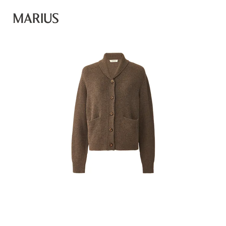 MARIUS“老钱衫”青果领微落肩短款直身版美丽诺羊毛针织开衫