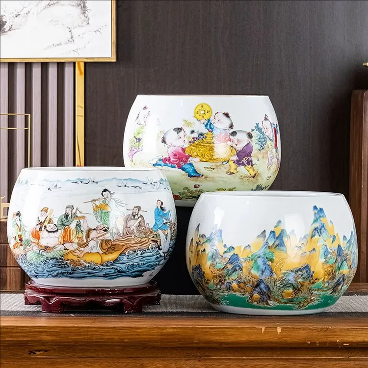 景德镇陶瓷器鸿运当头聚宝盆摆件中式家居饰品客厅玄关养鱼缸摆设