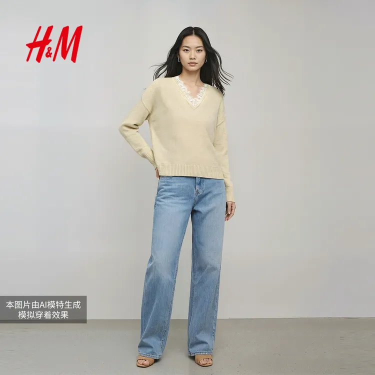 HM女装毛针织衫25冬季新款秋冬羊毛马海毛V领蕾丝边毛衣1000046
