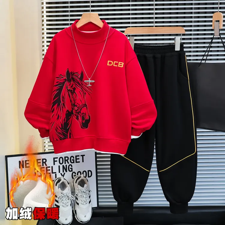 男童加绒红色套装冬季2026新款中大儿童秋冬款加厚本命年男孩保暖