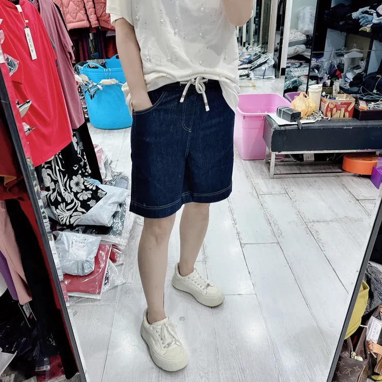 固洗超柔百搭松紧腰4分半牛仔裤短裤5892欧美