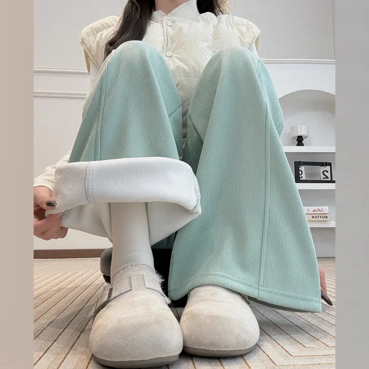 欧棉绒阔腿裤女秋冬2025新款加绒高腰休闲宽松垂感拖地显瘦直筒裤