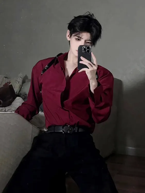 高级感禁欲系酒红色衬衫男长袖春秋季正装内搭休闲垂坠感衬衣外套