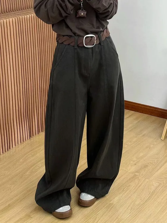 秋冬无弹休闲裤直筒洋气阔腿裤微胖高个子裤子长裤复古显瘦688