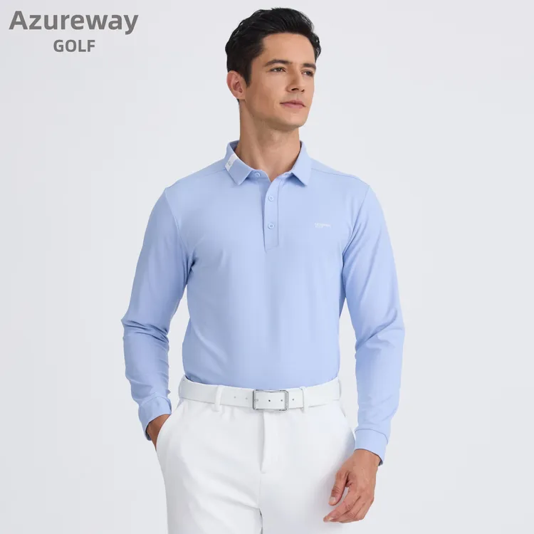 Azureway高尔夫男长袖新款速干弹力免烫翻领T恤POLO衫GOLF球衣服