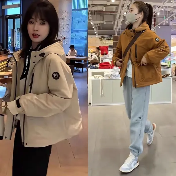 连帽加绒加厚冲锋衣短外套女装2025冬季爆款时尚休闲撞色保暖上衣