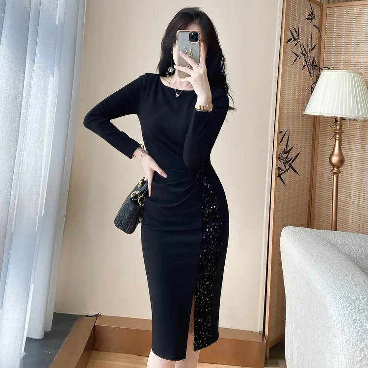 秋冬包臀中长款亮片拼接连衣裙法式高级感气质长袖内搭裙子