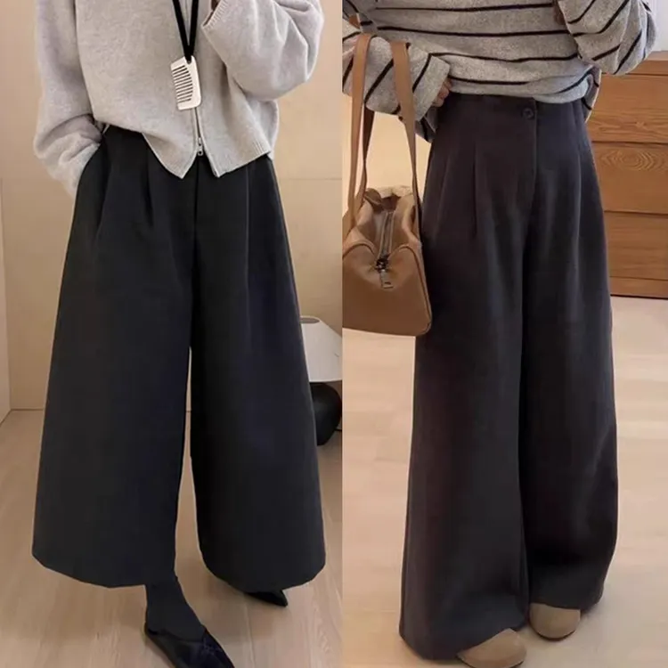 洛黎花8222/8223-秋冬微胖显瘦加厚大码毛呢阔纯色慵懒厚款休闲裤