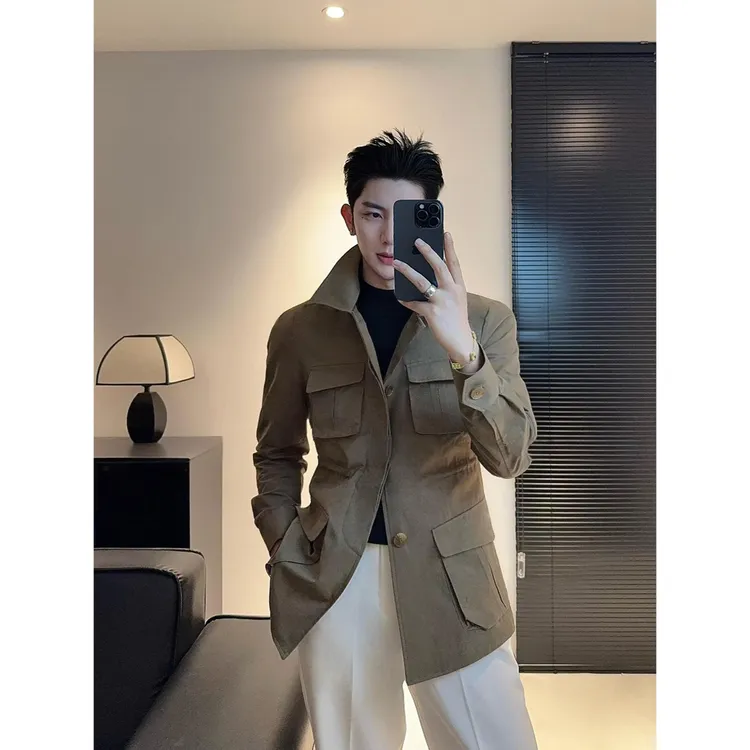 外套男款秋冬修身翻领风衣高级感痞帅男装商务休闲多口袋工装夹克