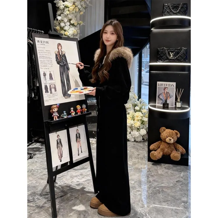 韩版小个子休闲运动套装女冬季加绒加厚毛领外套上衣阔腿裤两件套