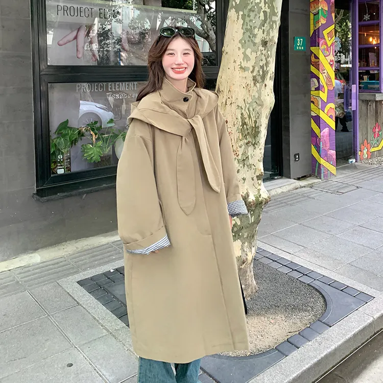 2025秋新款韩版中长款风衣女卡其色复古文艺小众简约宽松chic外套