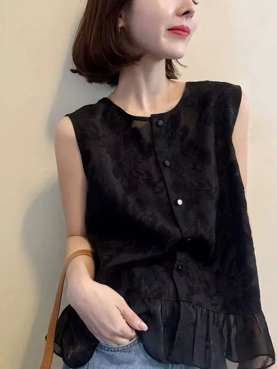 【8526】夏季时尚纯色复古圆领锦花面料无袖薄款休闲衬衫上衣