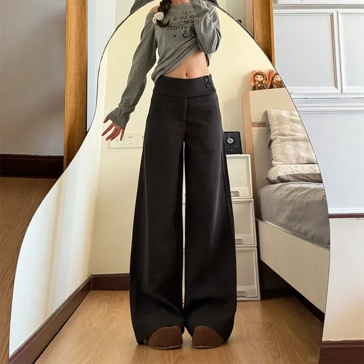 美式低腰休闲垂感西裤女2025新款宽松显瘦通勤侧腰纽扣阔腿拖地裤