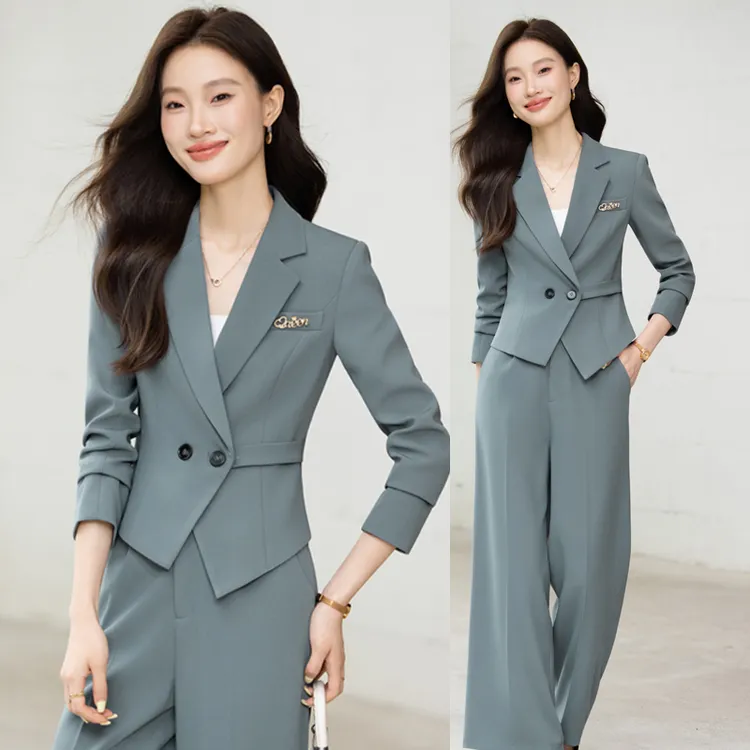 灰色西装套装女2025春秋新款小个子职业气质高级感短款小西服套装