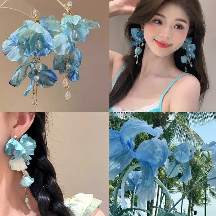 高级感夸张蓝色花朵流苏耳环女小众度假风花瓣耳钉氛围感气质耳饰