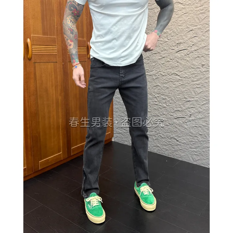 2025早秋新款时尚休闲百搭净版裤脚拉链修身小脚炭黑色牛仔裤2005