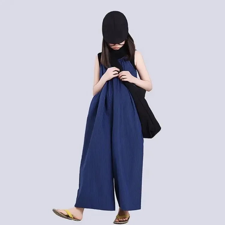 童装2025夏季蓝色条纹吊带休闲裤中大女童高级感宽松背带阔腿裤韩