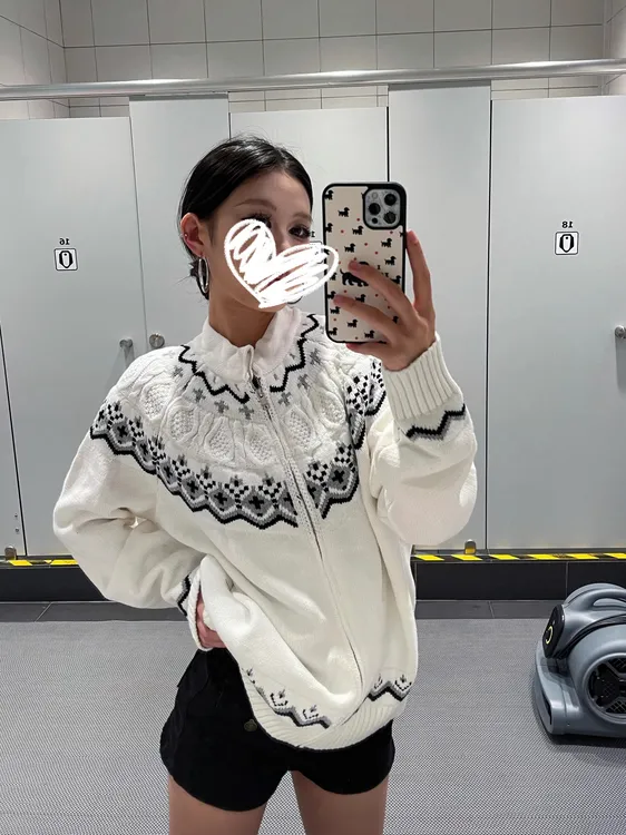 美式复古费尔岛提花针织开衫女款秋冬季慵懒风高级感白色毛衣外套