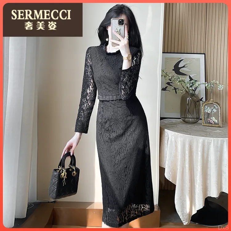2025春秋奢美姿高级感新款显瘦黑色蕾丝连衣裙气质法式包臀裙子