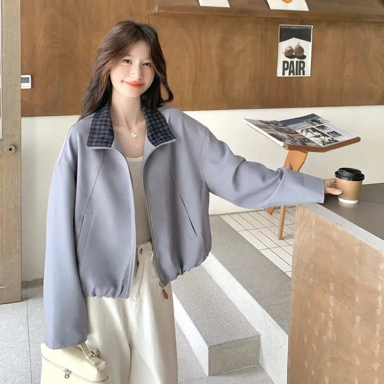 高级感复古格纹拼接外套女秋2025新款设计感小众宽松休闲百搭上衣