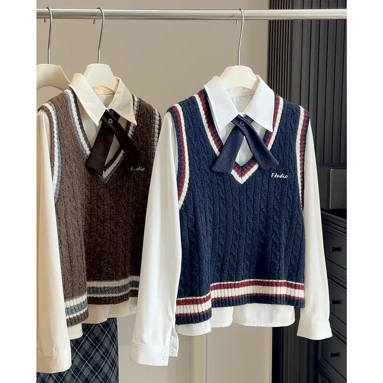 学院风针织背心马甲+灯芯绒衬衫两件套女秋冬新品时尚套装~配领带