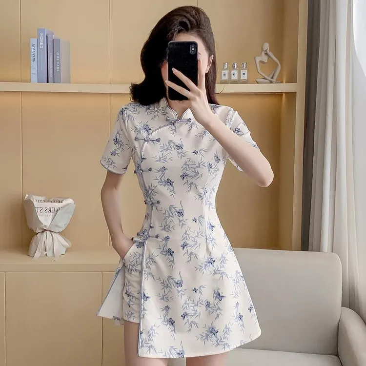 高端美容院工作服新款改良旗袍新中式收腰修身印花气质高端套装夏