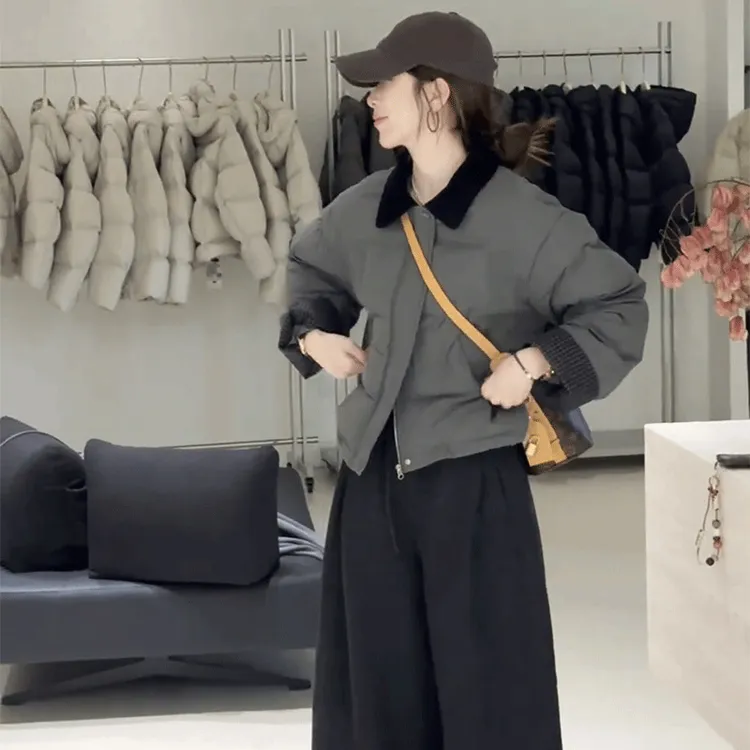 2025冬季新款韩版时尚小个子翻领休闲面包服时尚保暖加厚皮衣加绒