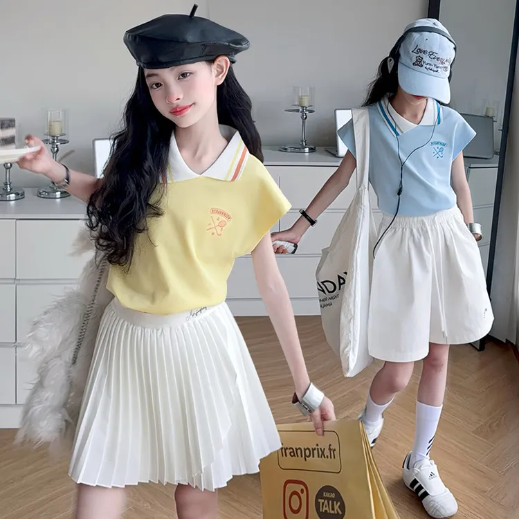 女童洋气套装夏季新款中大童POLO衫短裤两件套学院风百褶裙休闲服