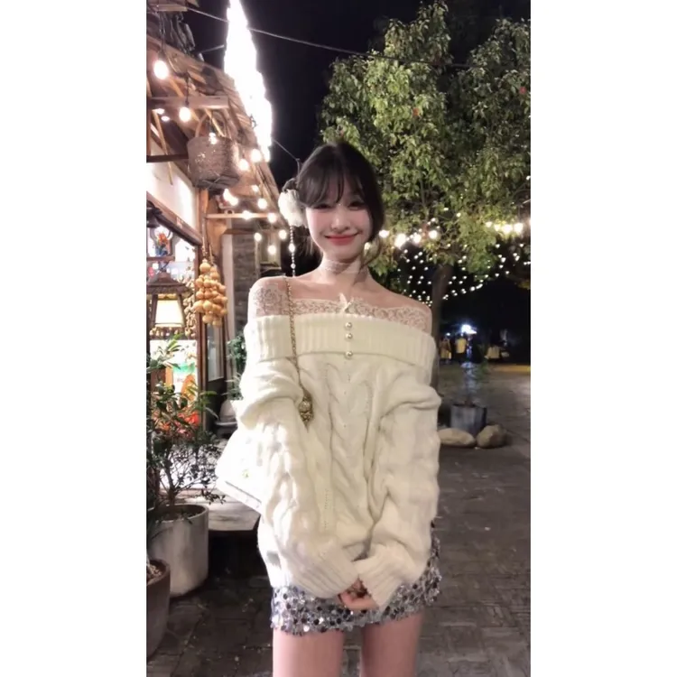纯欲风一字领麻花蕾丝拼接毛衣女秋冬甜美气质亮片百搭短裙两件套