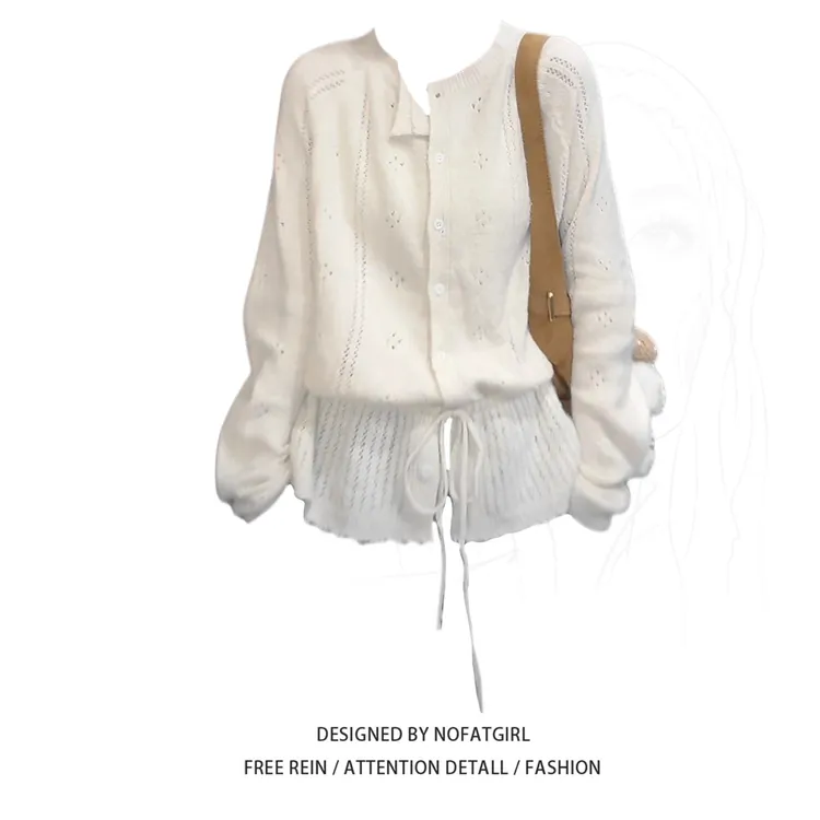 大码胖MM韩系温柔风钩花镂空针织衫女秋季抽绳显瘦设计感长袖上衣