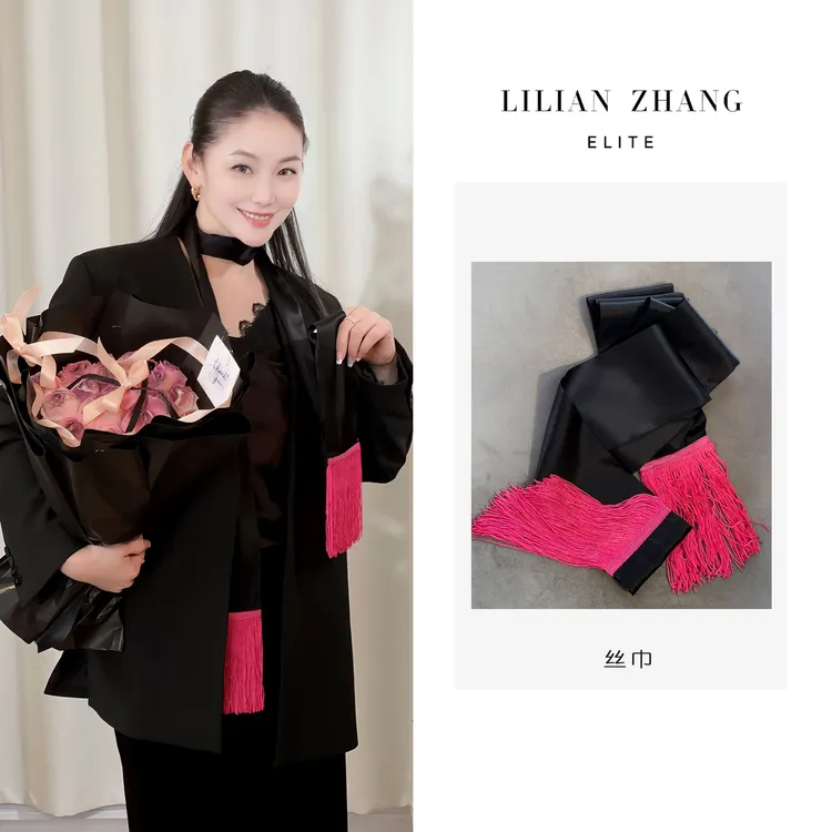 LILIAN ZHANG 定制——“薄雾玫瑰”—优雅流苏拼接黑色长丝巾 2413006