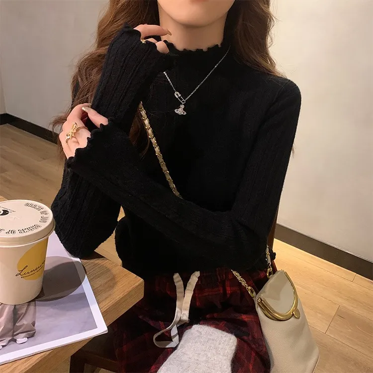 白色打底衫女秋冬季内搭2025新款半高领木耳边针织中领高级感毛衣