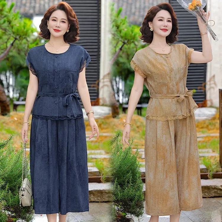 中年妈妈装夏季时尚套装2025新款洋气上衣服气质中老年女装两件套