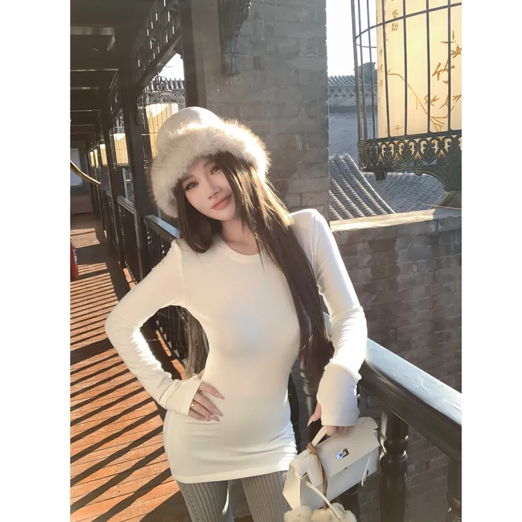 媛媛【row风百搭】圆领修身基础色打底衫秋冬新款半包t恤上衣#D1063