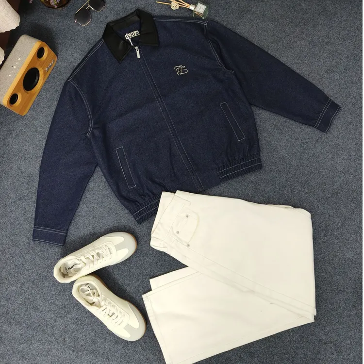 撞色皮革拼接翻领夹克男士轻奢痞帅金属扣辑明线牛仔布外套