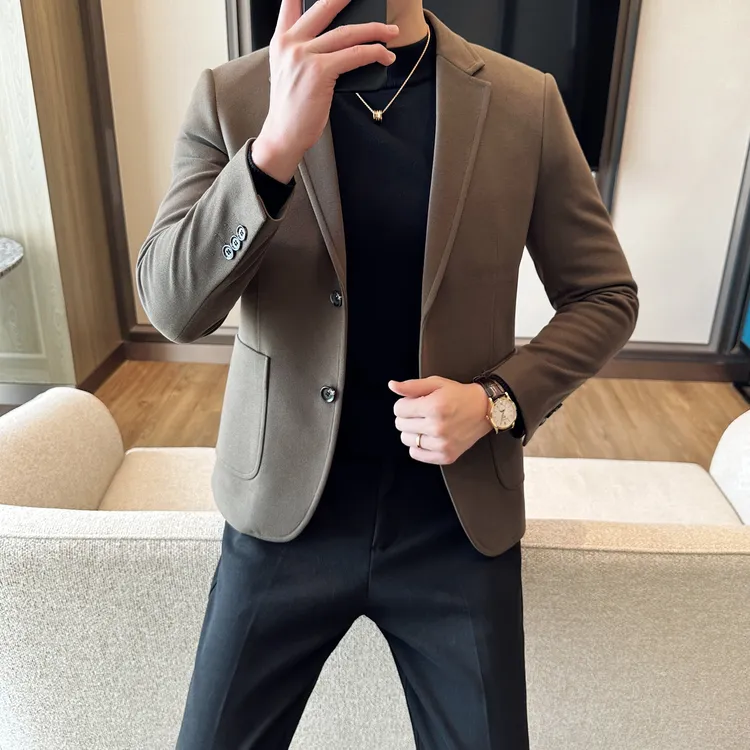 男士西服秋冬季潮流韩版男士毛呢西服修身外套男两粒扣帅气西装男
