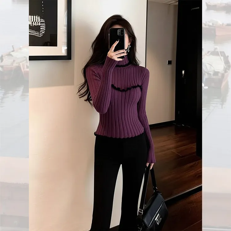 别致独特漂亮内搭紫色针织小衫花边毛衣女装秋冬洋气高贵高领上衣