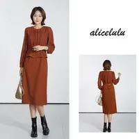 [alicelulu]温柔气质法式腰带连衣裙细闪长袖中长裙S2144761E