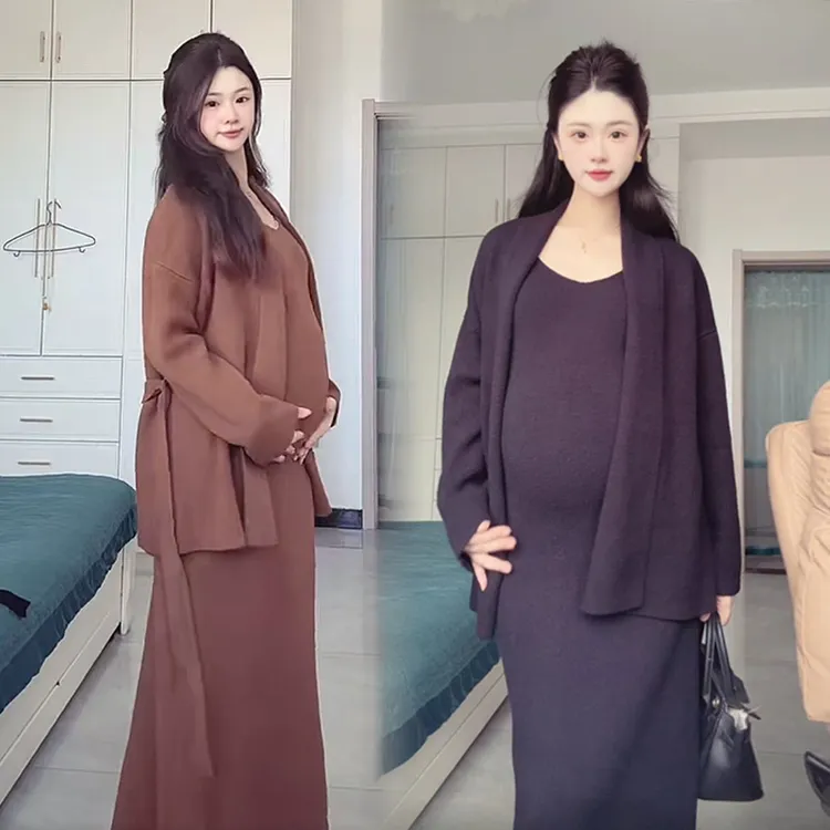 2025秋季名媛气质孕妇慵懒套装针织吊带显瘦连衣裙+开衫两件套