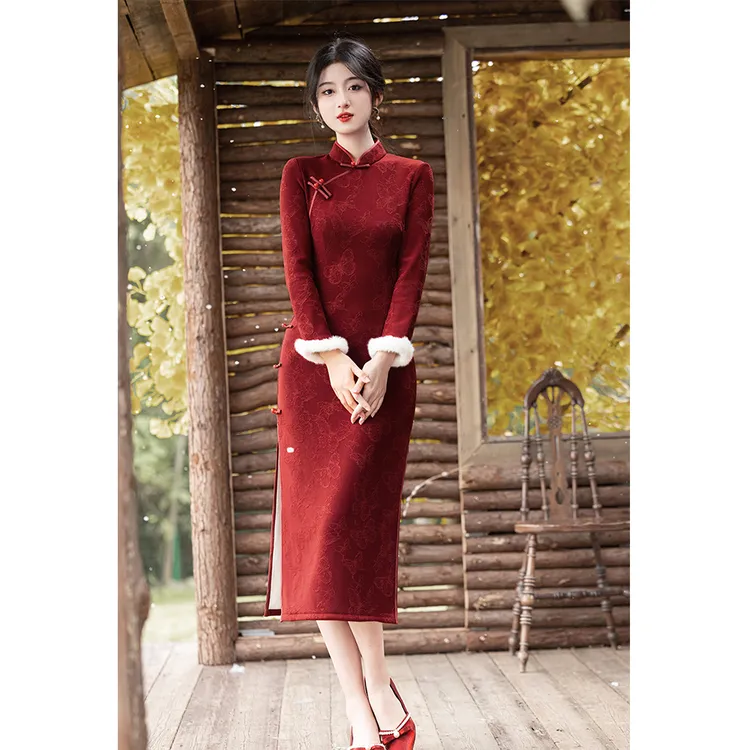 红色旗袍冬款加绒加厚女款拜年服订婚礼服女敬酒服冬季新中式日常
