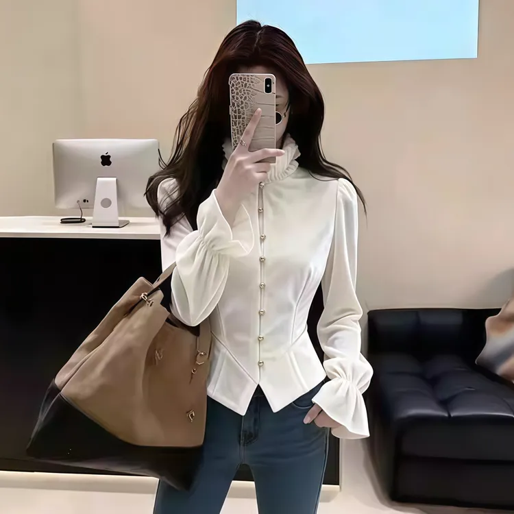 法式优雅风白色荷叶边衬衫女收腰显瘦长袖设计感气质高端丝绒上衣