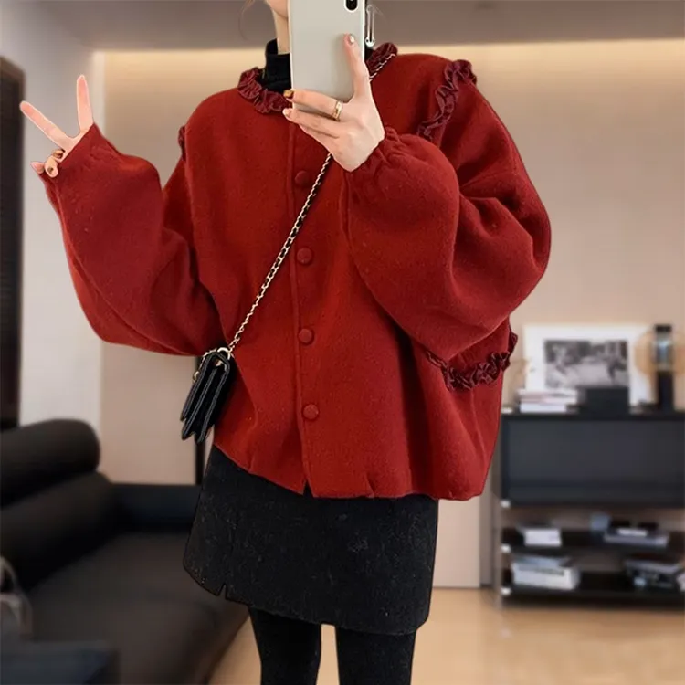韩版高级感木耳边圆领长袖开衫女秋冬新款时尚慵懒宽松百搭短外套