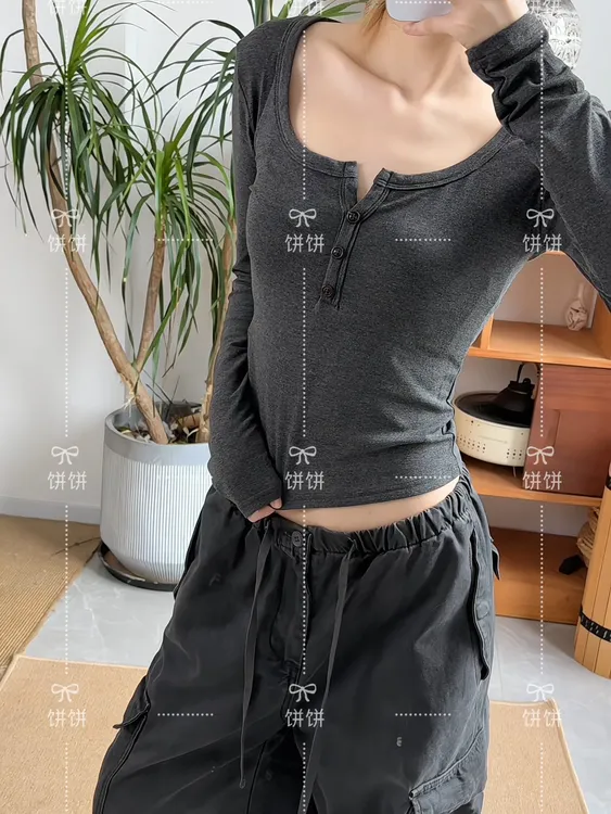 Lxmeng|纯色U领螺纹内搭打底衫长袖t恤修身显瘦短款上衣