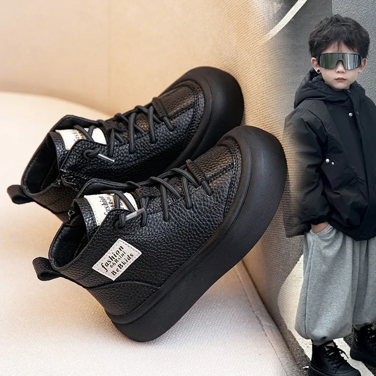 G.DUCK小黄鸭儿童马丁靴2025秋冬新款男童真皮靴子加绒二棉短靴宝